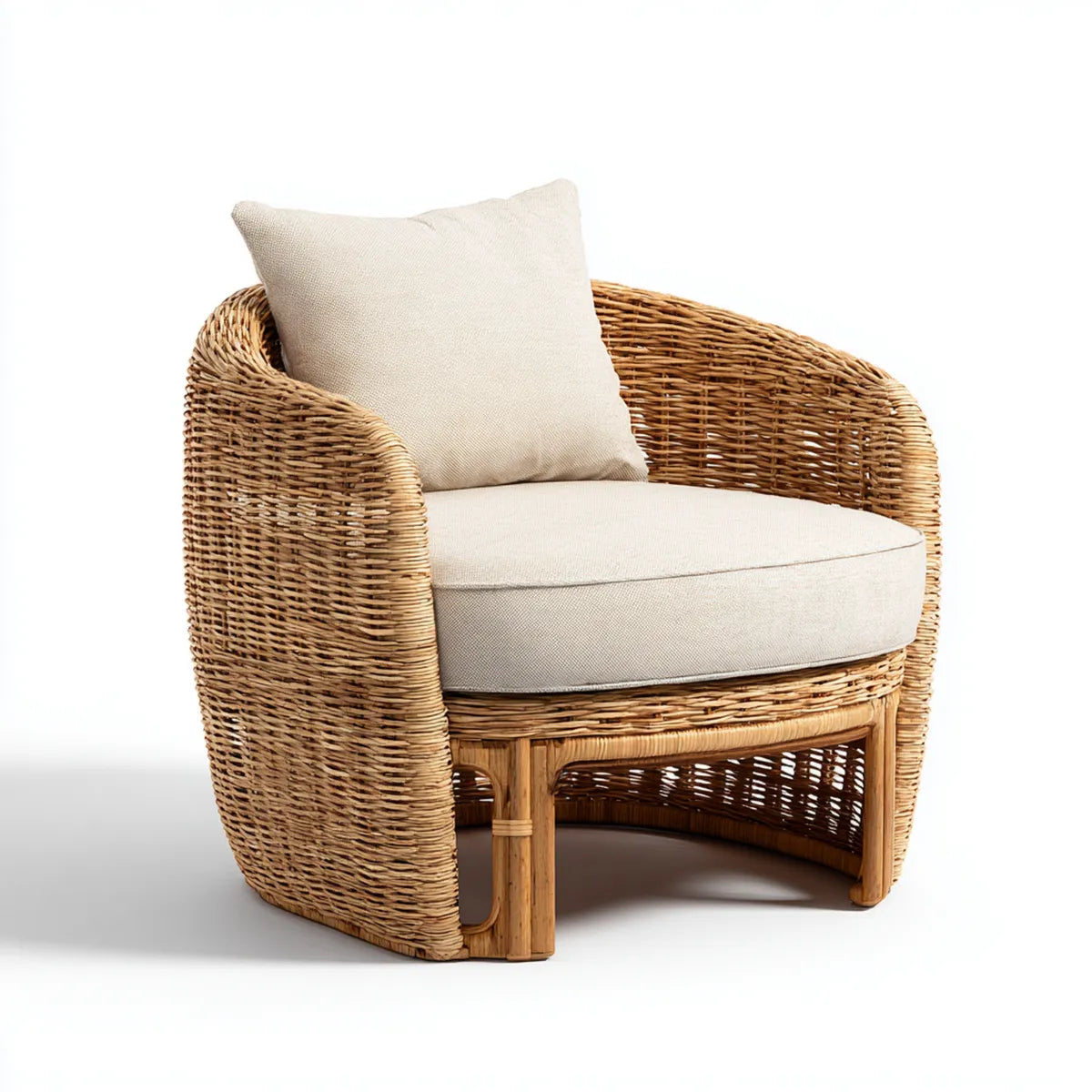 Fauteuil de salon en rotin naturel beige avec coussins forme arrondie 80 x 75 x 80 cm