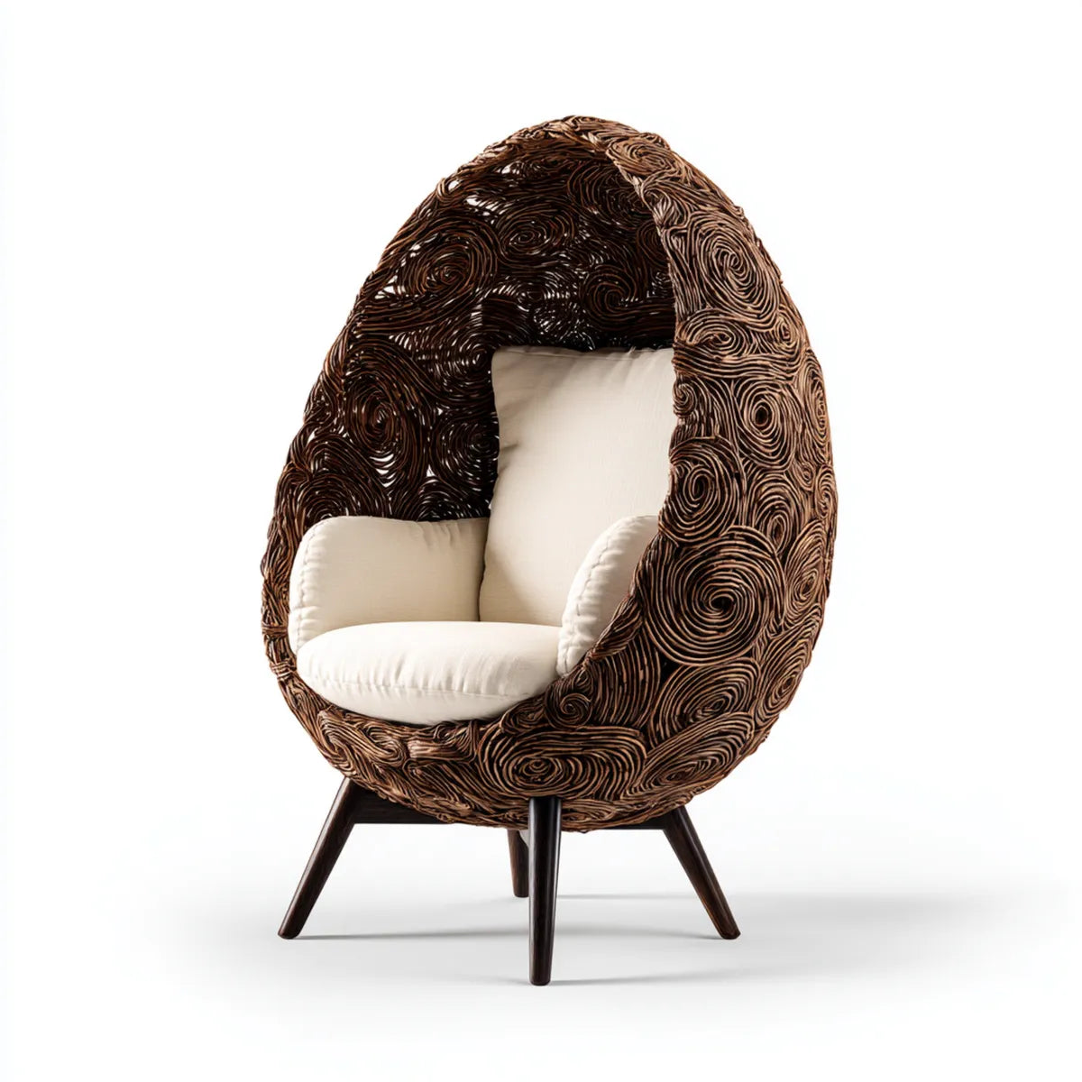 Fauteuil œuf en rotin brun avec coussins écrus forme ovale 95 x 90 x 150 cm