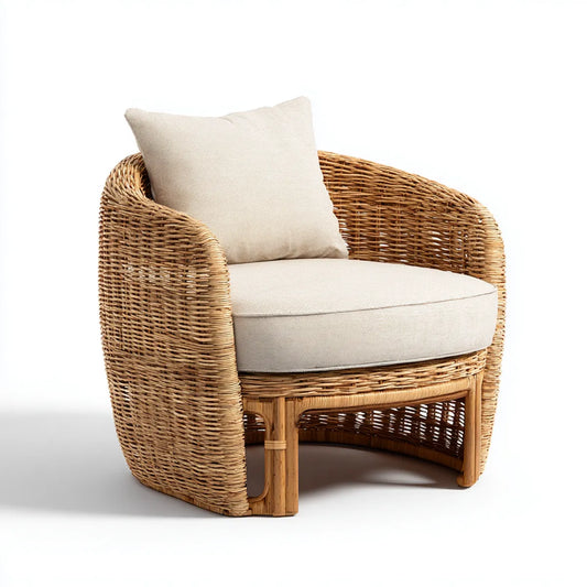 Fauteuil de salon en rotin naturel beige avec coussins forme arrondie 80 x 75 x 80 cm