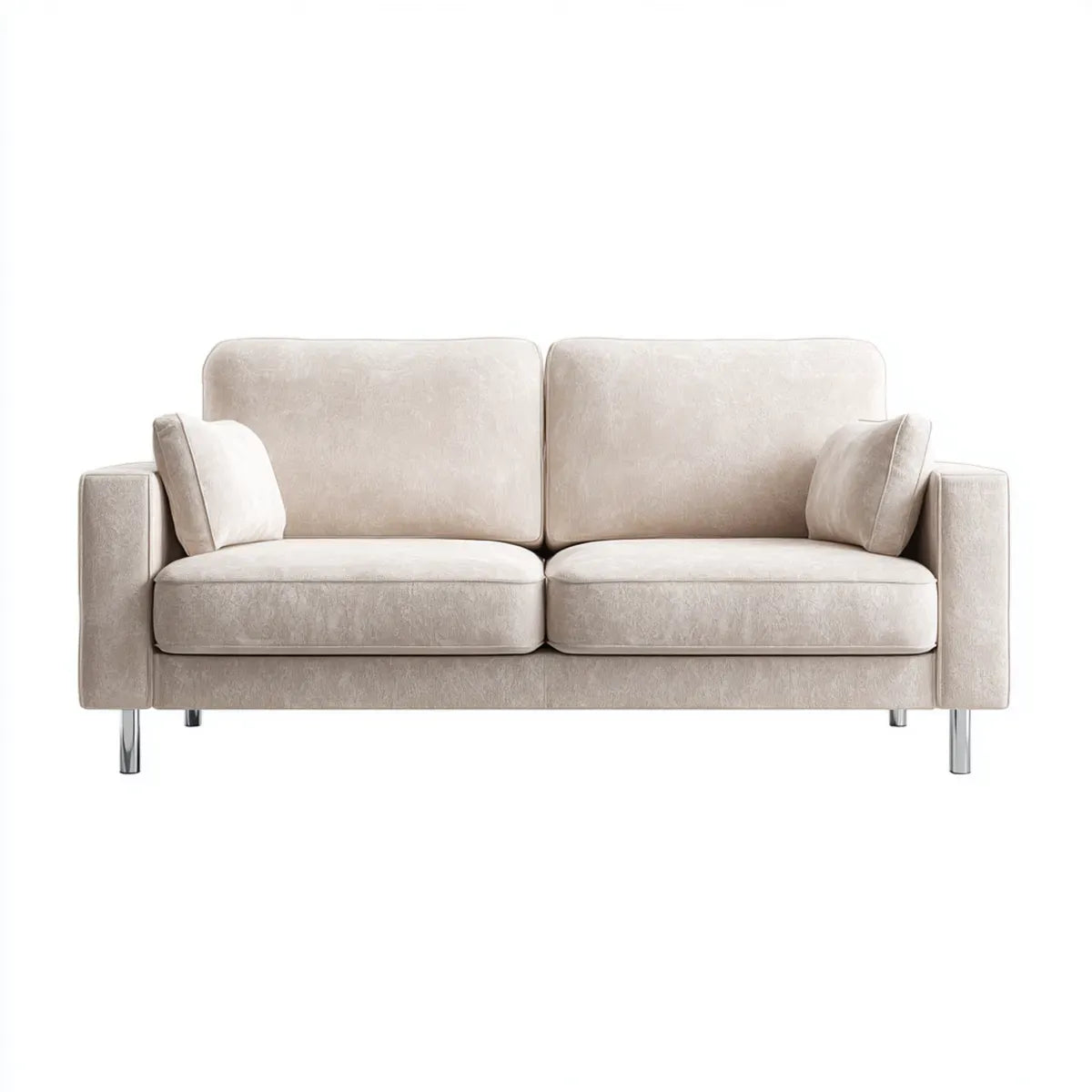 Canapé droit 2 places beige en velours polyester avec pieds en acier chromé 180 x 85 x 85 cm