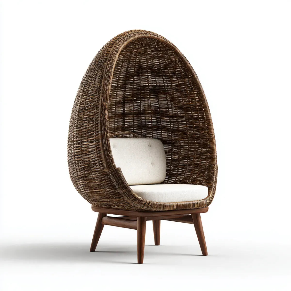 Fauteuil cocon en rotin brun avec coussins écrus forme ovale 105 x 90 x 150 cm