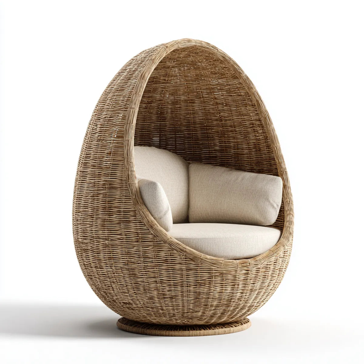 Fauteuil œuf en rotin naturel beige 115 x 95 x 165 cm avec coussins en polyester forme ovale