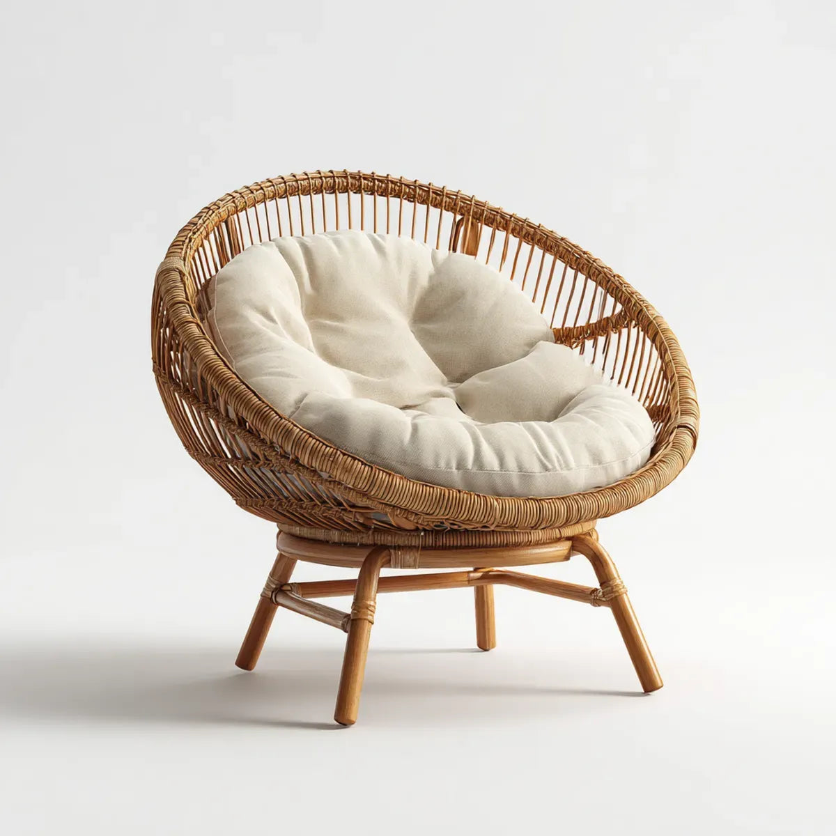 Fauteuil lounge en rotin naturel marron avec coussin écru rond 82 x 78 x 75 cm