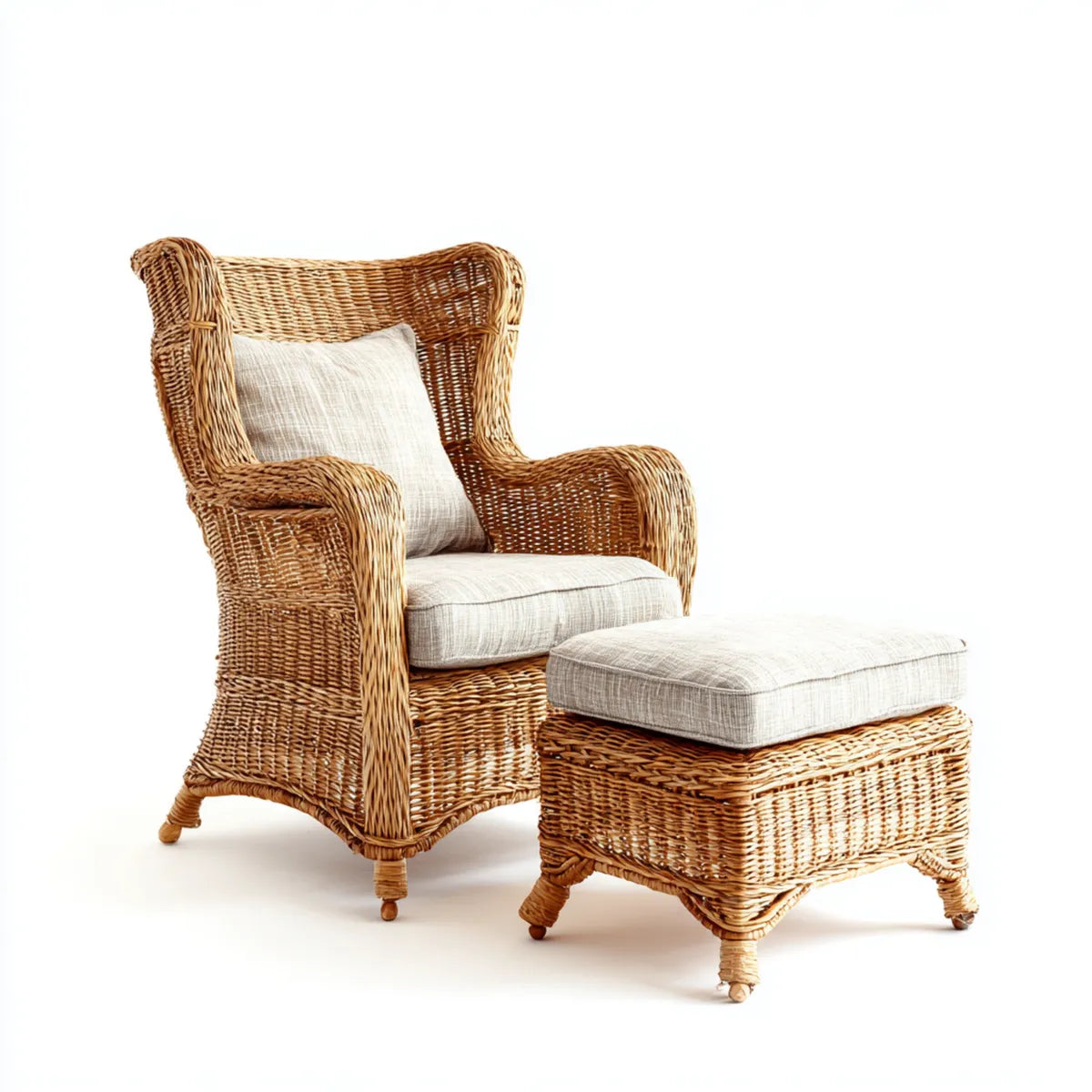 Ensemble fauteuil en rotin tressé avec repose-pieds naturel et beige 82 x 85 x 110 cm
